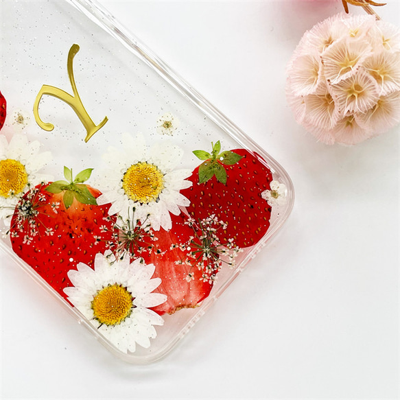 いちご iPhone17Pro/16e/17ProMax/GalaxyS25 押し花ケース フルーツスマホケース 3枚目の画像