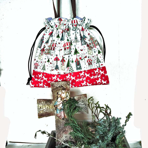 再販2025ドイツのクリスマス　もみの木　教会　ダビデの星　巾着ポーチ　巾着バッグ　マッシュルーム 8枚目の画像