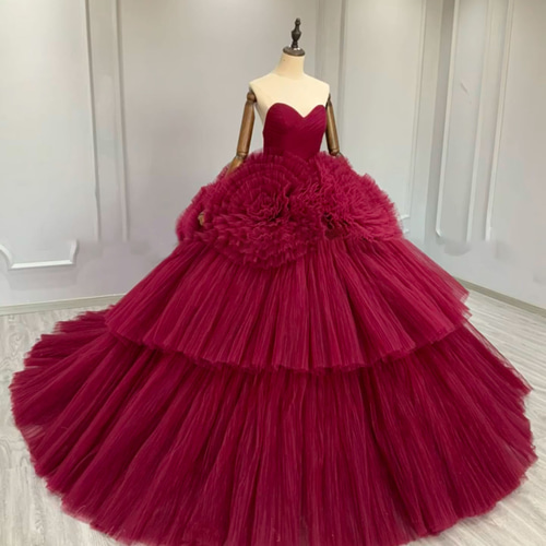 赤 レッド チュールドレス カラードレス ウエディング 前撮り 高品質保証！ワインレッド カラー変更可能 チュール プリンセスライン