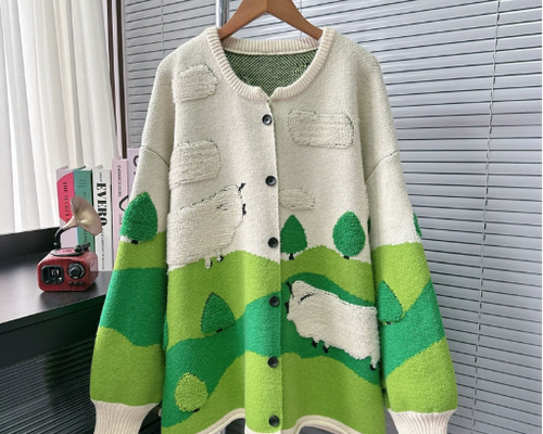 ◉手編みカラフル 子羊 プリント ニットカーディガン レディース