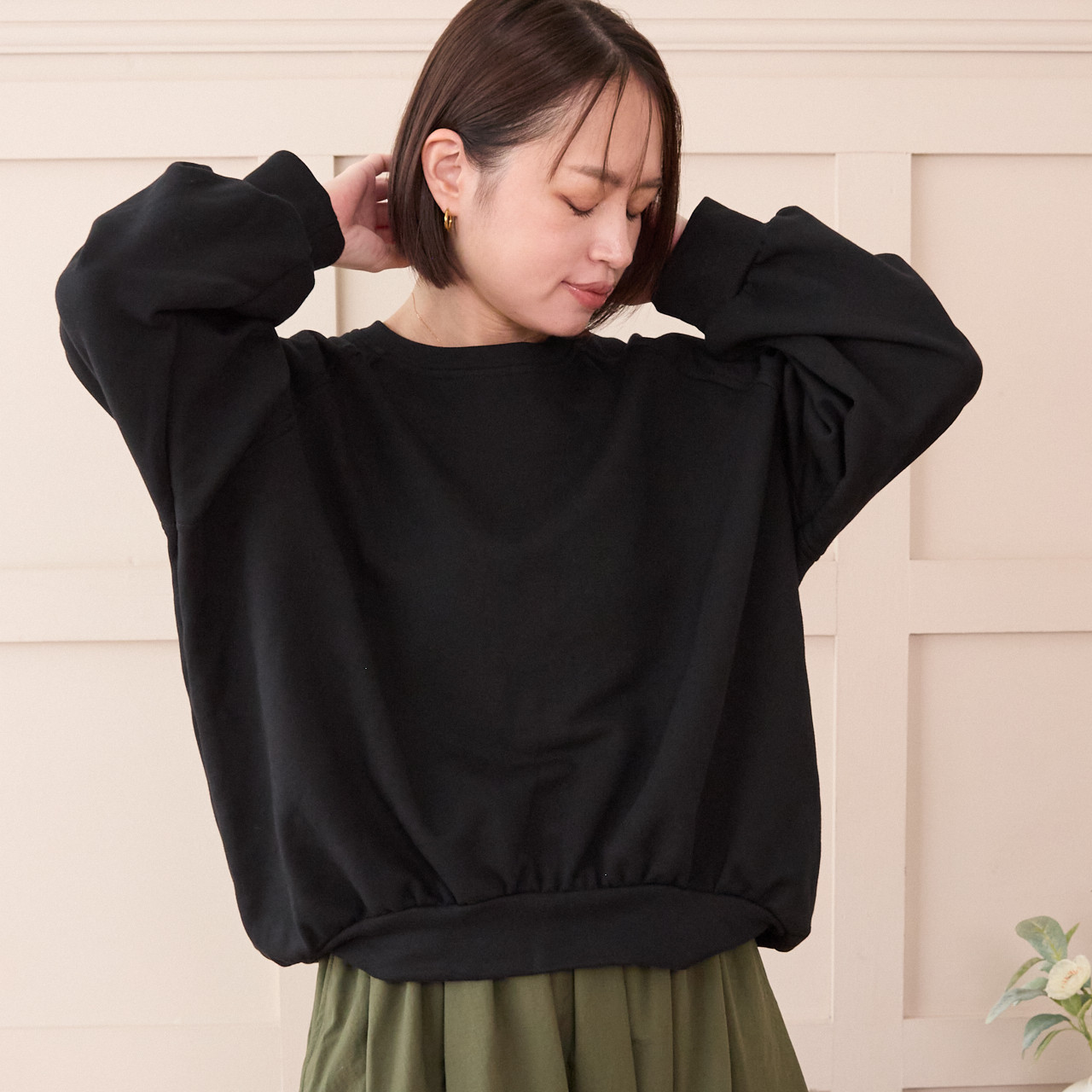 大人のスウェット ビックシルエット 柔らか ドルマンスリーブトレーナー　ブラック　0748BK