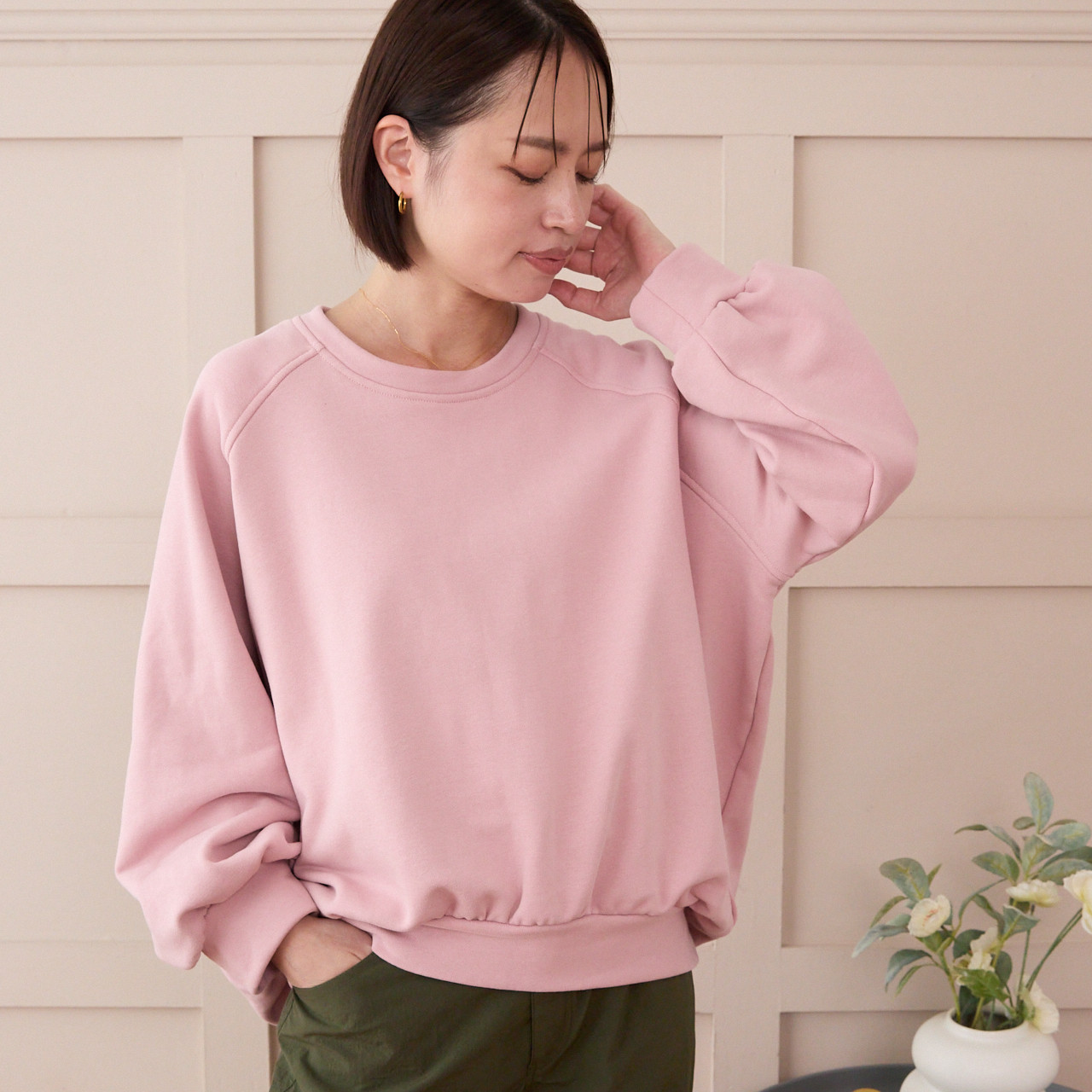 大人のスウェット ビックシルエット 柔らか ドルマンスリーブトレーナー　ピンク　0748PK