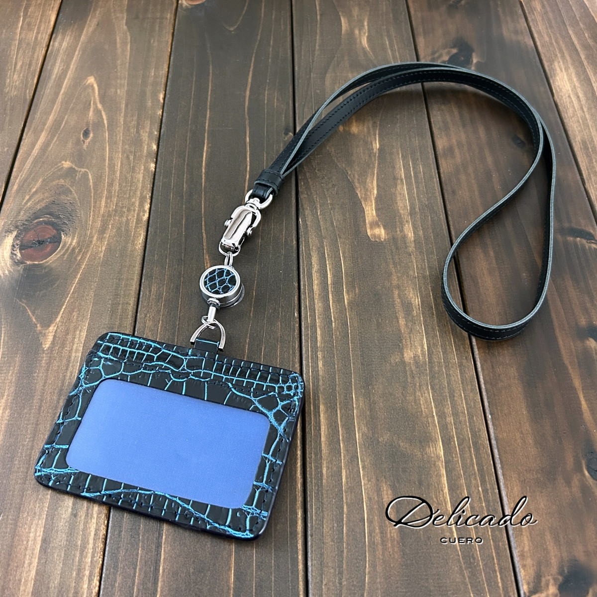 クロコダイル 目地染め IDホルダー ブラック ブルー