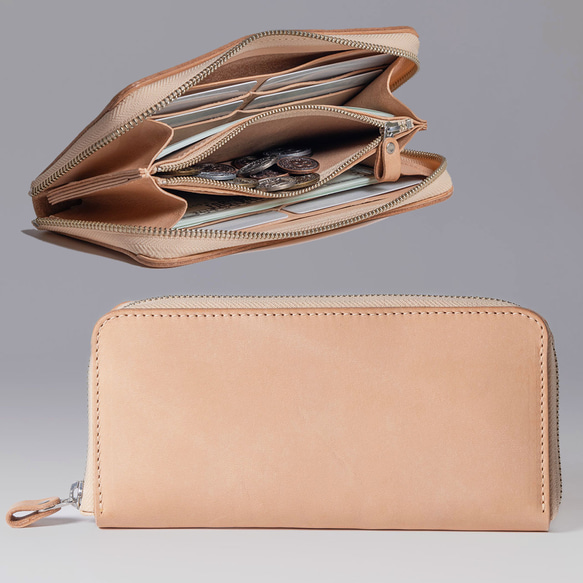 ラウンド 長財布 ZIP 小銭入れつき 牛革 レザー ヌメ革 本革 日々を刻む日記帳 nfl hnd Creema店 1枚目の画像