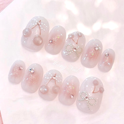 No.100 オーダー♡ チェリー さくらんぼ リボン ジェル ネイル チップ