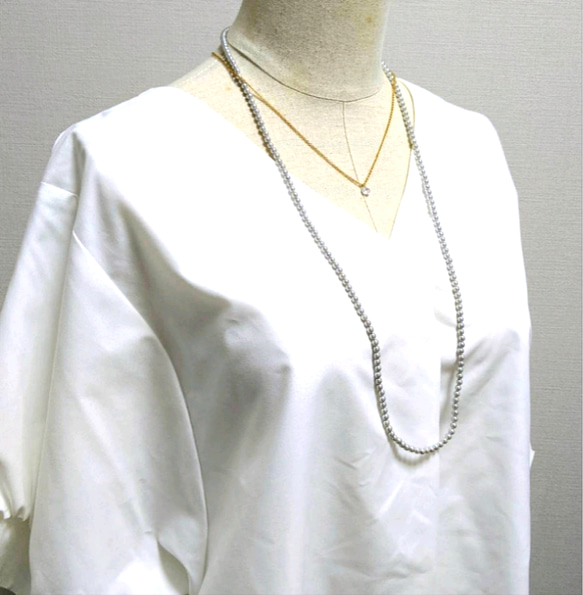 【2way/サージカルステンレス】上品グレー4㎜貝パールのロングネックレス/　ゴールド　シルバー　小粒　控えめ　国産 6枚目の画像