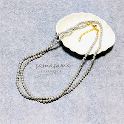 【2way/サージカルステンレス】上品グレー4㎜貝パールのロングネックレス/　ゴールド　シルバー　小粒　控えめ　国産 1枚目の画像