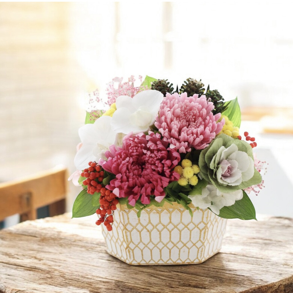 【特割】☆和風アレンジメント＜彩福＞ピンク プリザーブドフラワー