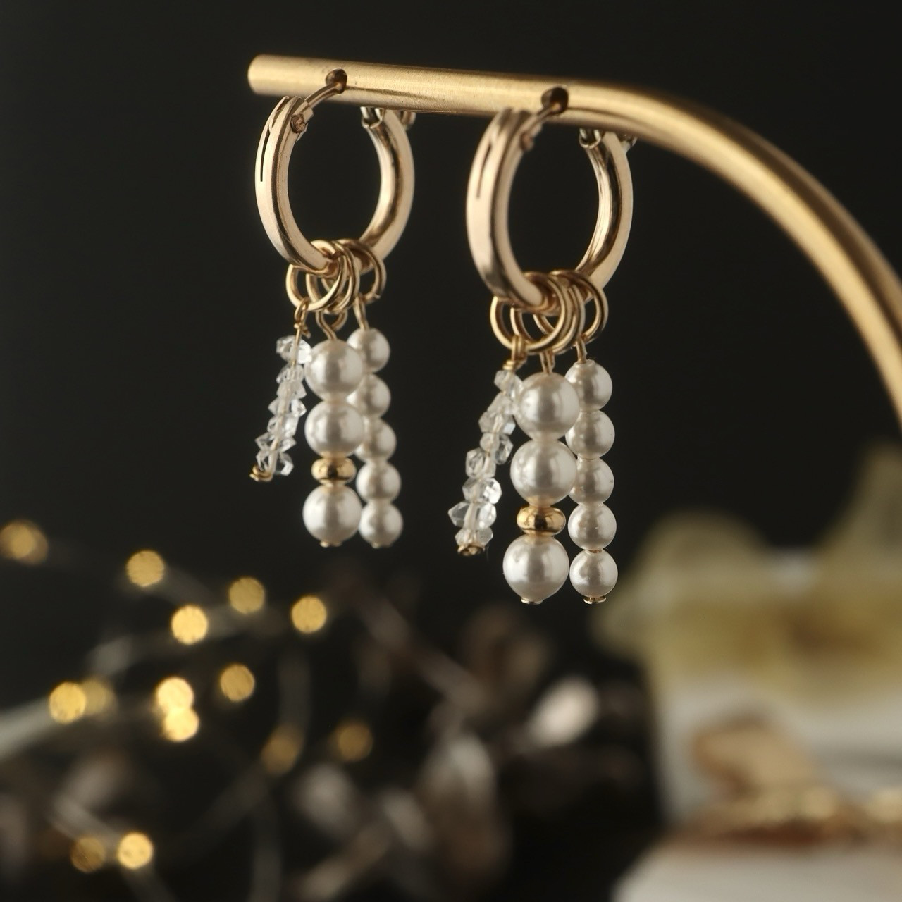 【毎日楽しめる福袋】ラッピング無料◎ハーキマーダイヤモンド＆パール 3種のチャーム付フープピアスセット