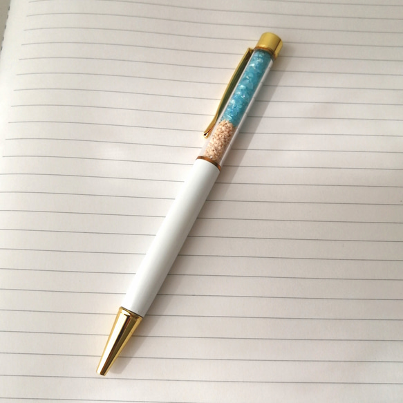 NEW【海色ガラスカレットと星の砂のボールペン〜ターコイズブルー〜】　海　海ボールペン　ボールペン　キラキラ　星砂 7枚目の画像