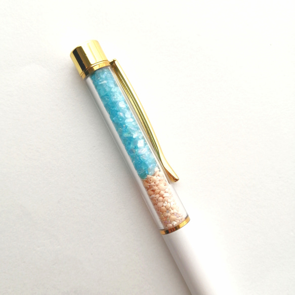 NEW【海色ガラスカレットと星の砂のボールペン〜ターコイズブルー〜】　海　海ボールペン　ボールペン　キラキラ　星砂 1枚目の画像