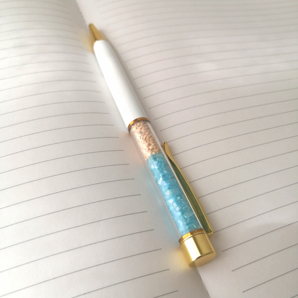NEW【海色ガラスカレットと星の砂のボールペン〜ターコイズブルー〜】　海　海ボールペン　ボールペン　キラキラ　星砂 12枚目の画像