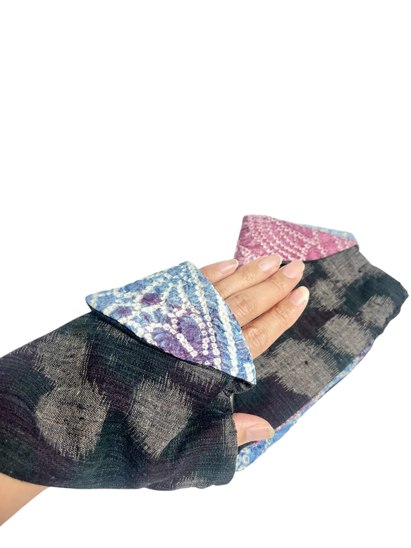 送料無料 着物 リメイク 日除けに アンティーク紬 総絞り 手甲カバー 手袋 指なしハンドカバー アームカバー 4枚目の画像