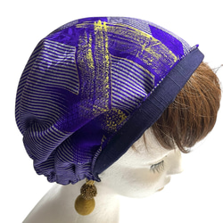 送料無料 着物 リメイク 木綿 藍染 ろうけつ染め 正絹 キャップターバン リバーシブル ハンドメイド 5枚目の画像