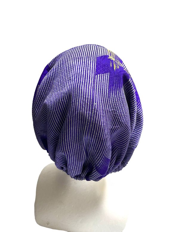 送料無料 着物 リメイク 木綿 藍染 ろうけつ染め 正絹 キャップターバン リバーシブル ハンドメイド 7枚目の画像