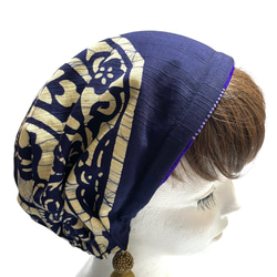 送料無料 着物 リメイク 木綿 藍染 ろうけつ染め 正絹 キャップターバン リバーシブル ハンドメイド 1枚目の画像