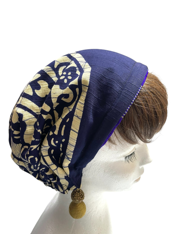 送料無料 着物 リメイク 木綿 藍染 ろうけつ染め 正絹 キャップターバン リバーシブル ハンドメイド 1枚目の画像