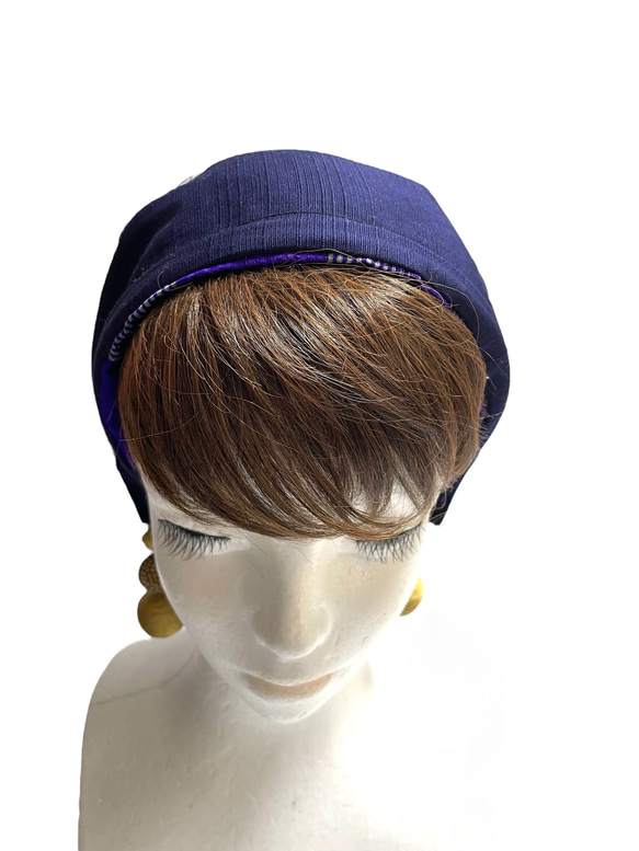 送料無料 着物 リメイク 木綿 藍染 ろうけつ染め 正絹 キャップターバン リバーシブル ハンドメイド 4枚目の画像