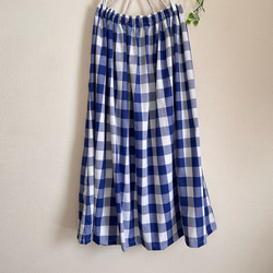 春夏ブロックチェックブルーcottonギャザースカート 1枚目の画像