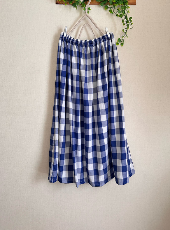 春夏ブロックチェックブルーcottonギャザースカート 1枚目の画像