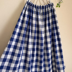 春夏ブロックチェックブルーcottonギャザースカート 2枚目の画像