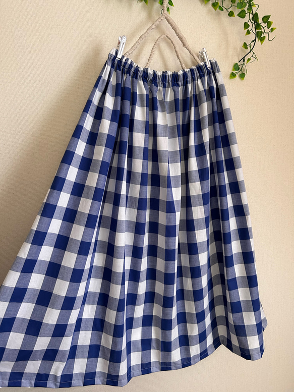 春夏ブロックチェックブルーcottonギャザースカート 2枚目の画像