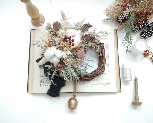 ベルが鳴る ドライフラワーの ウインターリース クリスマス2025 冬飾り