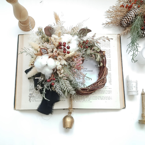 ベルが鳴る ドライフラワーの ウインターリース クリスマス2025 冬飾り