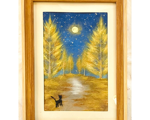 原画マット紙付額付】和紙ちぎり絵「イチョウ並木と黒猫」黒猫のアート
