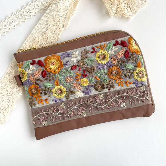 インド刺繍 お薬手帳ケース 母子手帳ケース 通帳入れ ポーチ L字