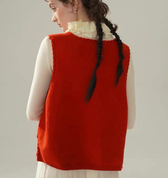 4色 フラワー刺繍 カシミヤウールベスト【春秋冬】赤・グレー・ベージュ 6枚目の画像