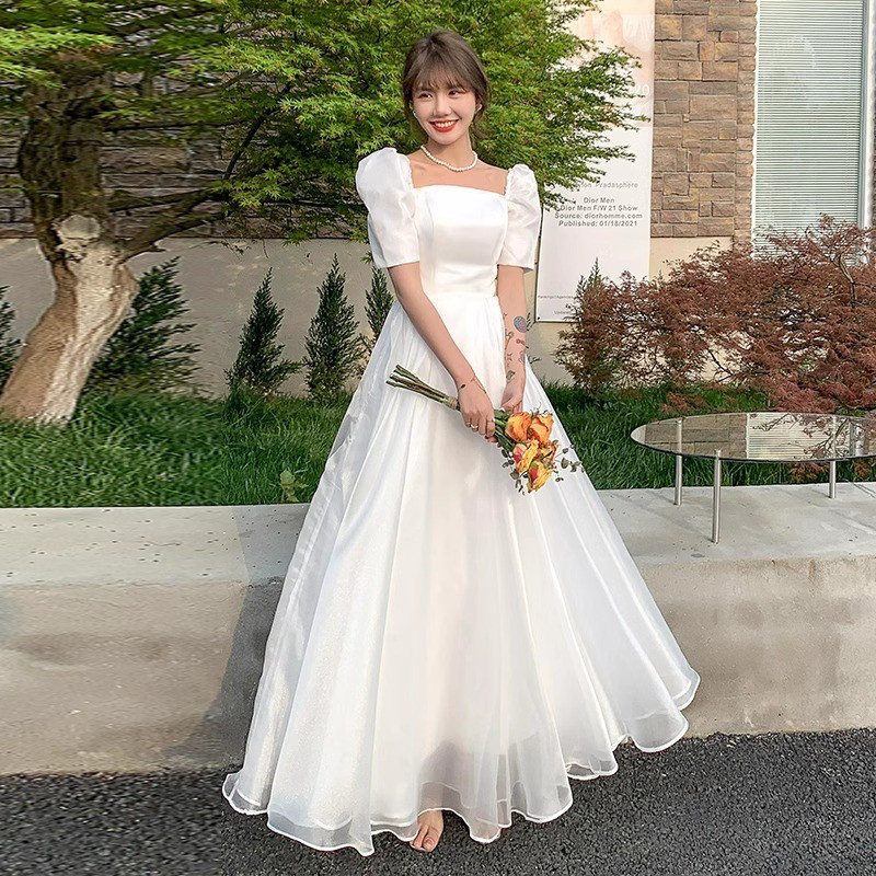白 黒 ウェディングドレス ホワイト ロング シンプル 半袖 おしゃれ 上品 韓国風 花嫁 前撮り 披露宴 AK095