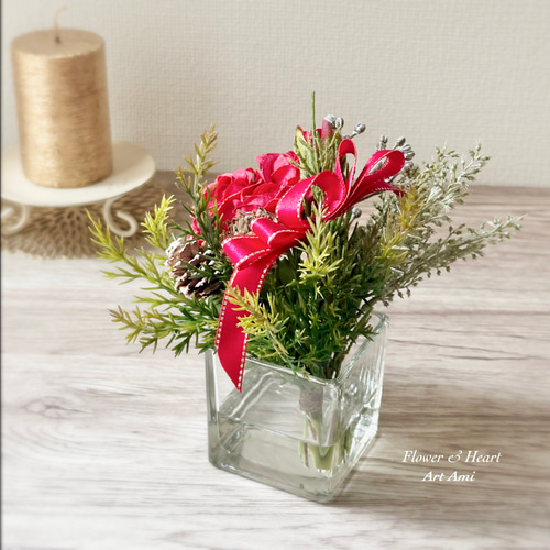 クリスマス＊バラのガラス花瓶アレンジ 枯れない花 アートフラワー