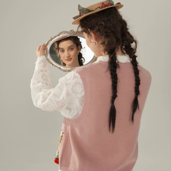 2色 可憐なベリーとフラワー刺繡 カシミヤウールベスト【春秋冬】ブルー・ピンク 7枚目の画像