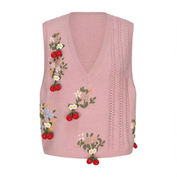 2色 可憐なベリーとフラワー刺繡 カシミヤウールベスト【春秋冬】ブルー・ピンク 19枚目の画像