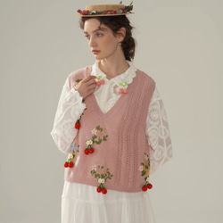 2色 可憐なベリーとフラワー刺繡 カシミヤウールベスト【春秋冬】ブルー・ピンク 11枚目の画像