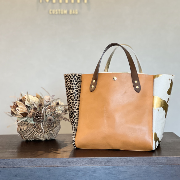 【受注製作】本革 スクエアトート Mサイズ　オールレザー│［組み合わせを自由に選べる！］レザー15色　ハラコレザー7柄 5枚目の画像