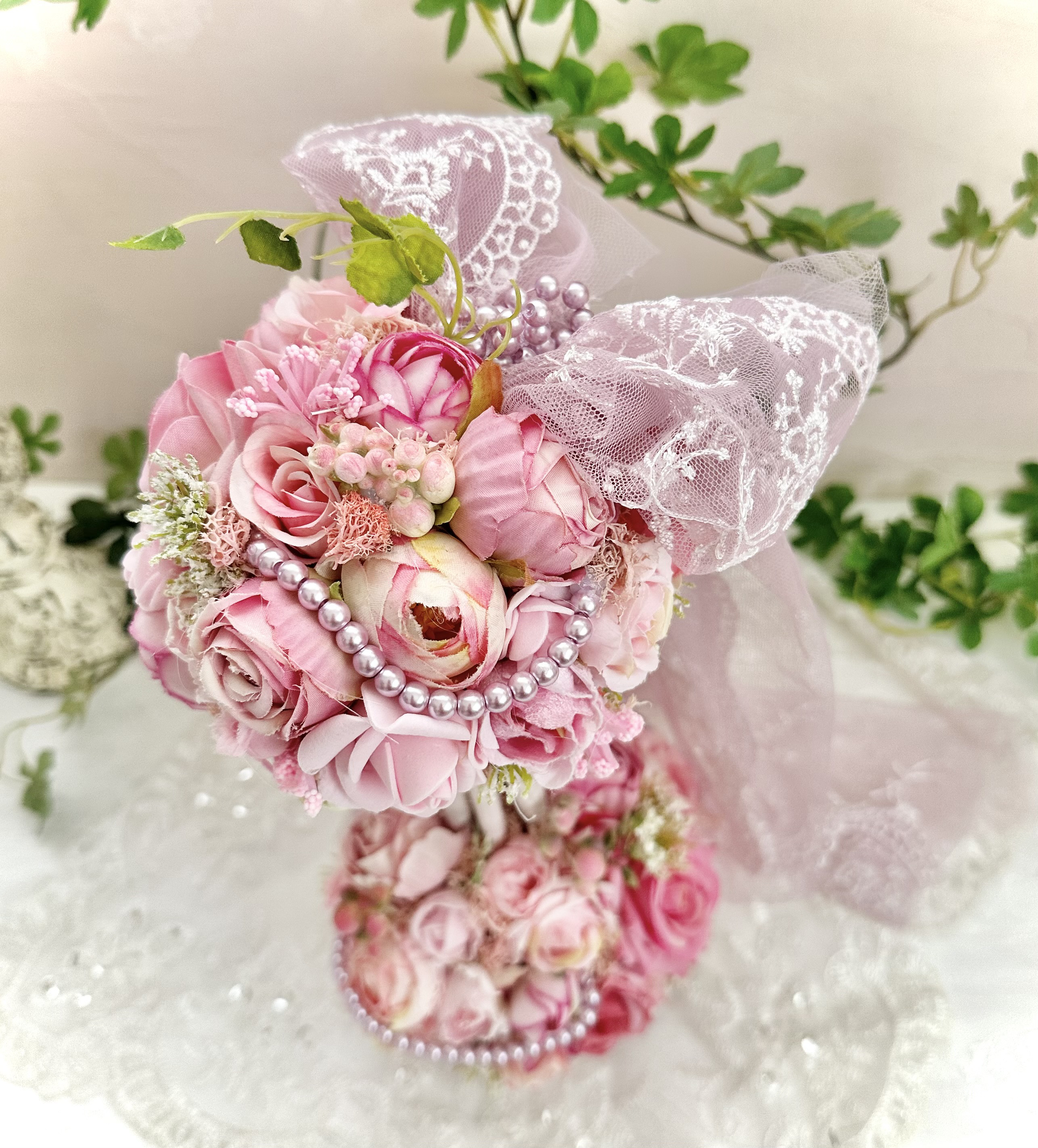 ロマンティックたっぷり！『forest weddging』ピンクローズトピアリー/光触媒加工/1点物