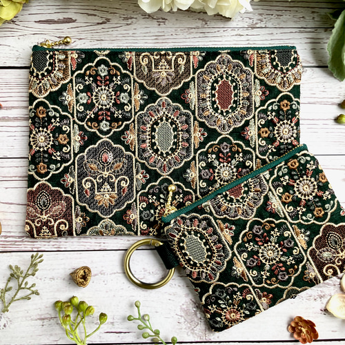 インド刺繍生地のポーチセット ダークグリーン＜ホリデーボックス2025