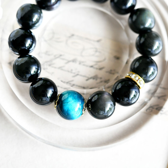 数量限定　ブルータイガーアイとレインボーオブシディアンのブレスレット 大粒 3枚目の画像