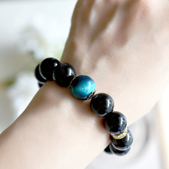 数量限定　ブルータイガーアイとレインボーオブシディアンのブレスレット 大粒 6枚目の画像