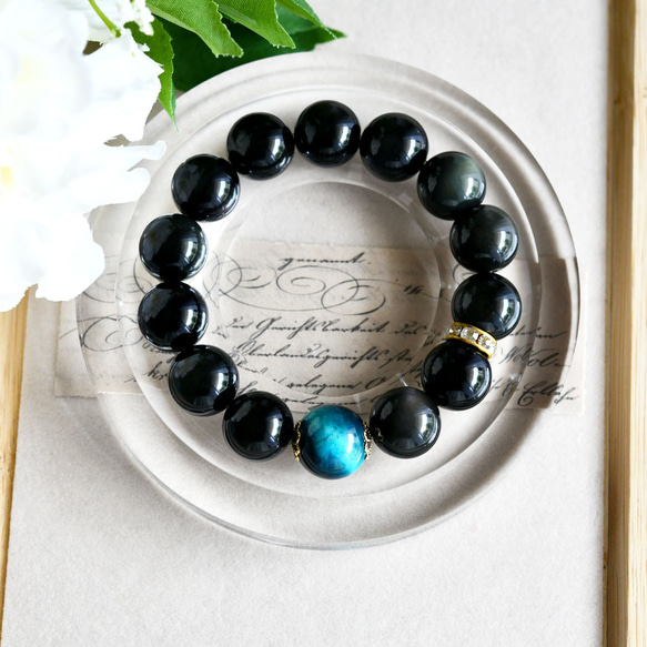 数量限定　ブルータイガーアイとレインボーオブシディアンのブレスレット 大粒 1枚目の画像