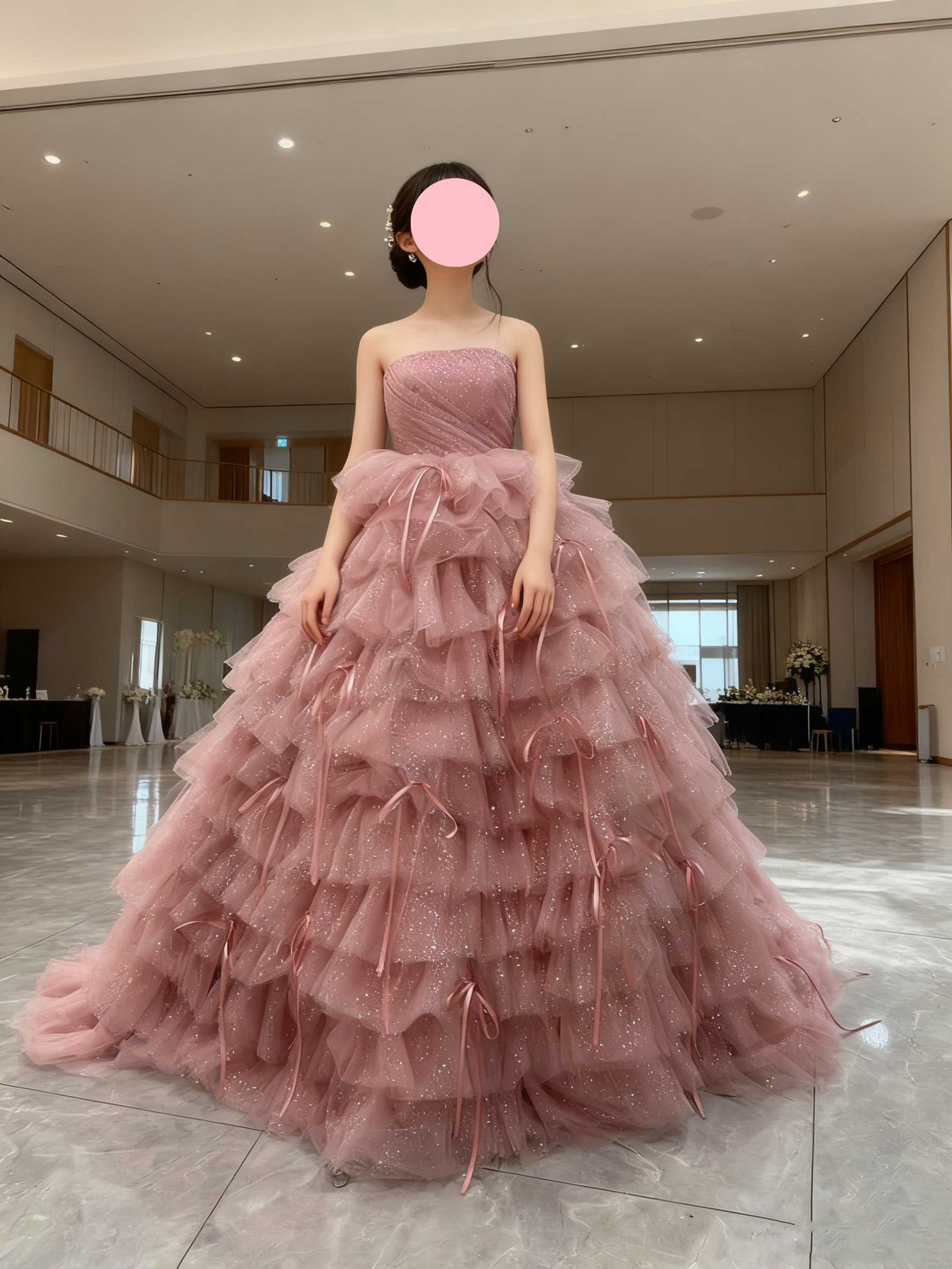 送料無料！カラードレス ピンク もこもこドレス リボン  キラキラ 編み上げ 披露宴/結婚式 花嫁/ウェディング