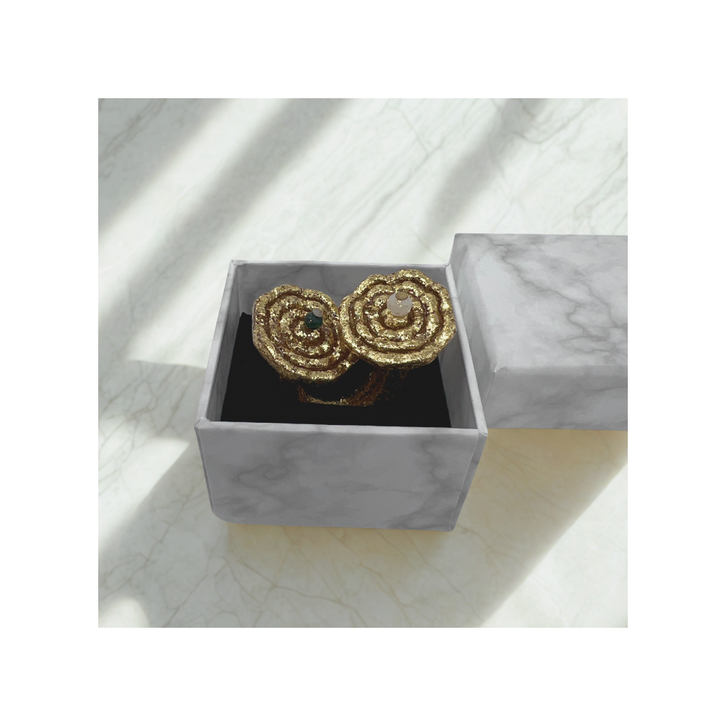 マラカイトとスピネルのダブルのお花のオープンリング