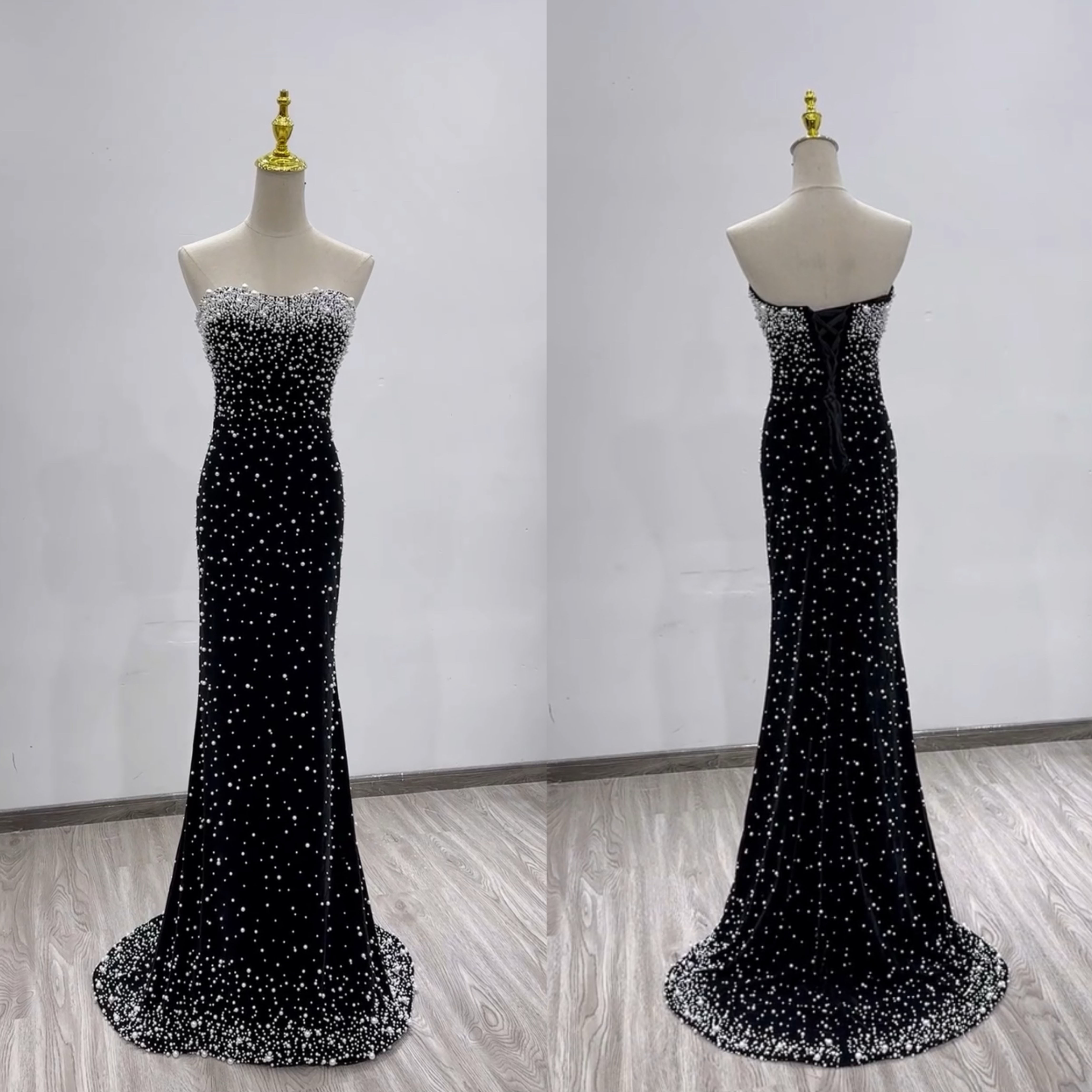 抜群のおしゃれ見え！パーディードレス　黒　たっぷりパール豪華　マーメイドドレス　短いトレーン　キラキラ2次会カラードレス