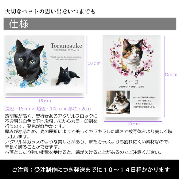 送料無料｜オーダーメイド-ペットメモリアル｜アクリルブロック 猫 犬 遺影 3枚目の画像