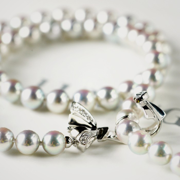 ルミナ アコヤ真珠ネックレス 7-7.5mm、18Kホワイトゴールド、本物のアコヤ海水真珠、マジックリボンコレクション、ギフトに