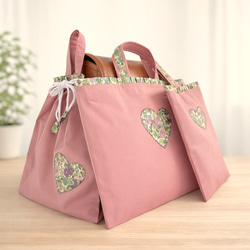 リバティのフリルとハートアップリケのレッスンバッグ・上履き入れ