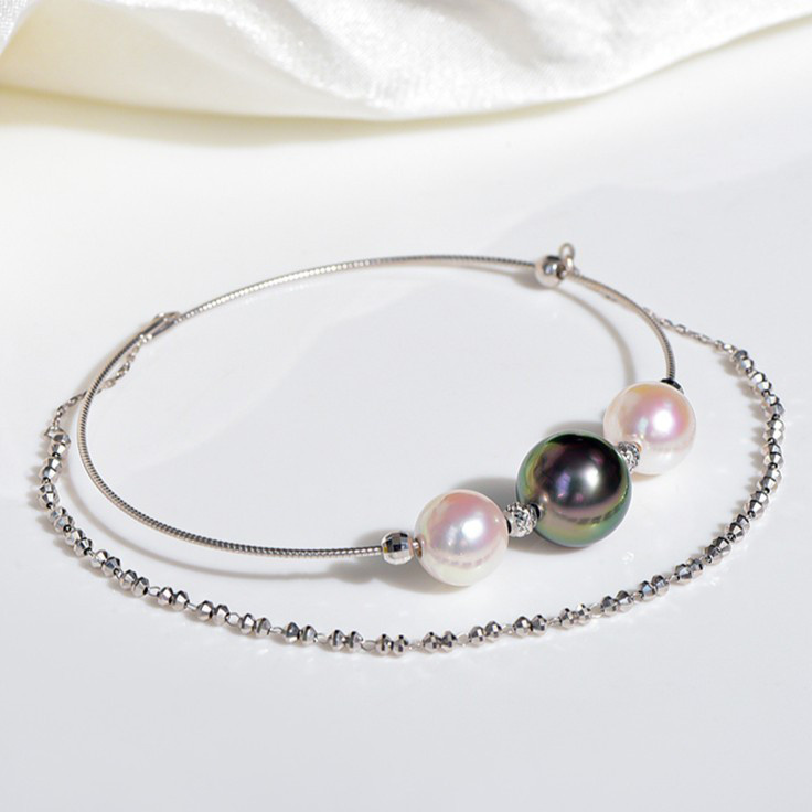 ルミナ 7-11mm タヒチ黒蝶真珠 + 日本製アコヤ天然海水真珠ブレスレット 18Kゴールドミックスデザイン - 贅沢で万能な