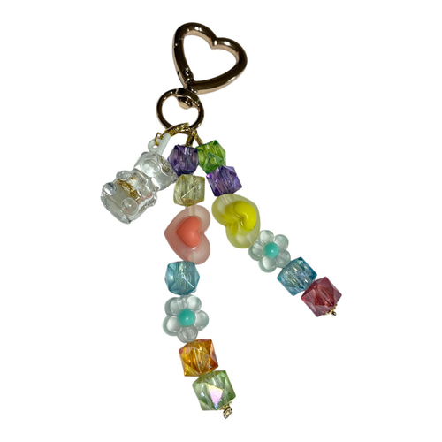 ビーズストラップ ハートフラワーお花 じゃらじゃらキーホルダー